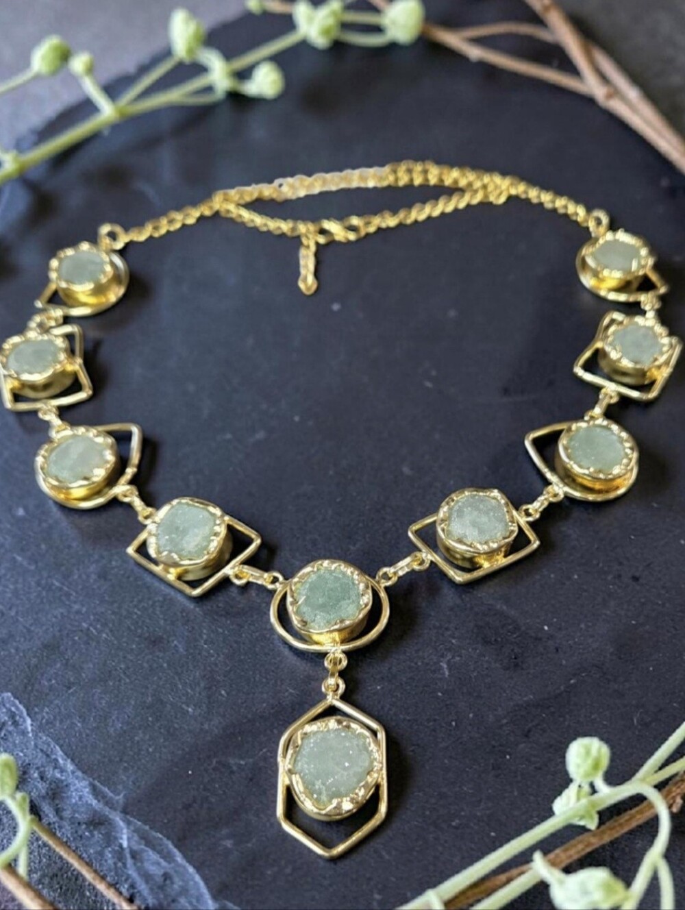 18k Gold Plated Artisan Genuine Raw Natural Green Adventurine Geometric Necklace